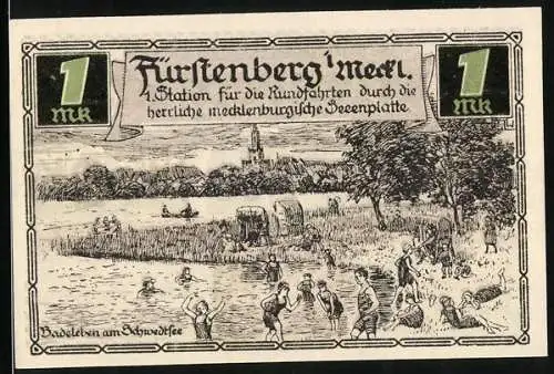 Notgeld Fürstenberg /Meckl. 1921, 1 Mark, Wappen, Badeleben am Schwedtsee mit Ortspanorama