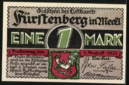 Notgeld Fürstenberg /Meckl. 1921, 1 Mark, Wappen, Badeleben am Schwedtsee mit Ortspanorama