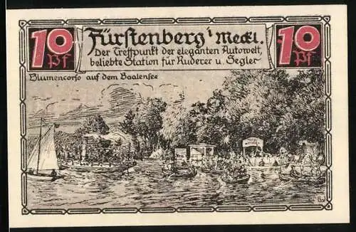 Notgeld Fürstenberg /Meckl. 1921, 10 Pfennig, Wappen, Blumencorso auf dem Baalensee