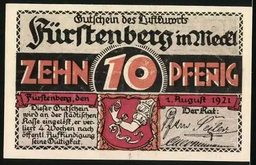 Notgeld Fürstenberg /Meckl. 1921, 10 Pfennig, Wappen, Blumencorso auf dem Baalensee