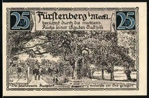 Notgeld Fürstenberg /Meckl. 1921, 25 Pfennig, Wappen, Partie im Kurpark