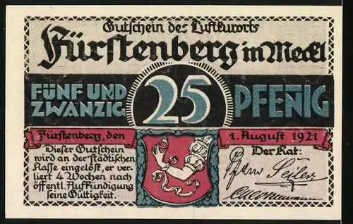 Notgeld Fürstenberg /Meckl. 1921, 25 Pfennig, Wappen, Partie im Kurpark