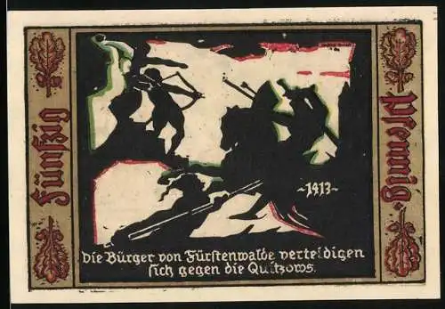 Notgeld Fürstenwalde /Spree 1921, 50 Pfennig, Wappen, Bürger beim Kampf gegen die Quitzows