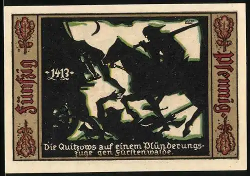 Notgeld Fürstenwalde /Spree 1921, 50 Pfennig, Wappen, Die Quitzows auf einem Plünderungszug