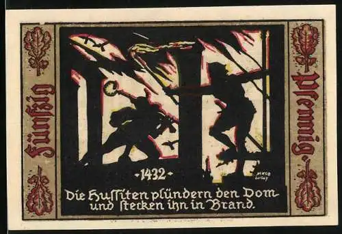 Notgeld Fürstenwalde /Spree 1921, 50 Pfennig, Wappen, Hussiten beim Plündern und Brandschatzen