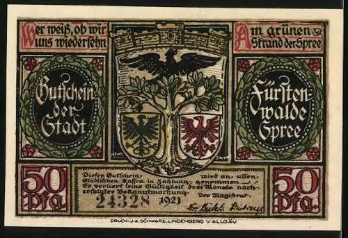 Notgeld Fürstenwalde /Spree 1921, 50 Pfennig, Wappen, Hussiten beim Plündern und Brandschatzen