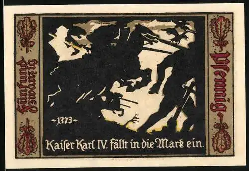 Notgeld Fürstenwalde /Spree 1921, 25 Pfennig, Wappen, Kaiser Karl IV. fällt in die Mark ein