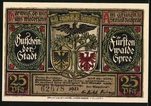 Notgeld Fürstenwalde /Spree 1921, 25 Pfennig, Wappen, Otto der Faule verkauft die Mark an Kaiser Karl IV.