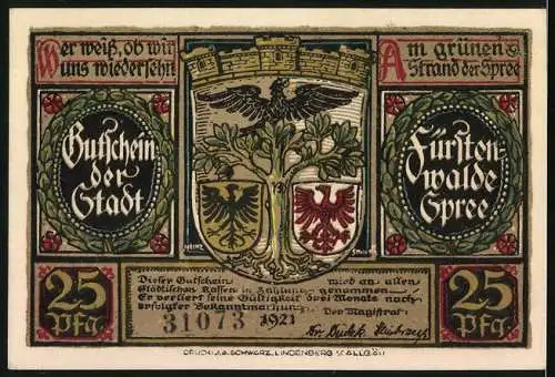 Notgeld Fürstenwalde /Spree 1921, 25 Pfennig, Wappen, Huldigung für Kaiser Karl IV. und Sohn