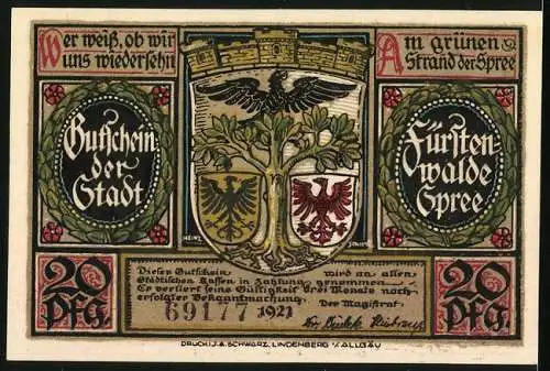 Notgeld Fürstenwalde /Spree 1921, 20 Pfennig, Wappen, Beginn der Kultur durch deutsche Kolonisten