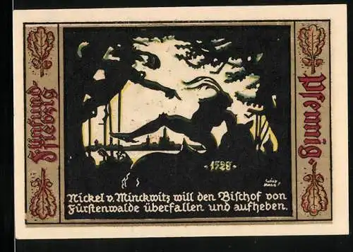 Notgeld Fürstenwalde /Spree 1921, 75 Pfennig, Wappen, Nickel von Minckwitz beim Überfall auf den Bischof