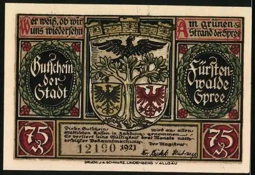 Notgeld Fürstenwalde /Spree 1921, 75 Pfennig, Wappen, Nickel von Minckwitz beim Überfall auf den Bischof