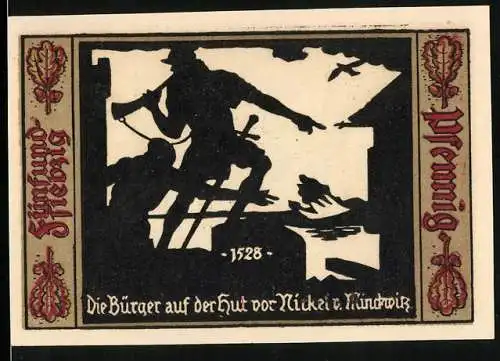 Notgeld Fürstenwalde /Spree 1921, 75 Pfennig, Wappen, Bürger auf der Hut vor Nickel von Minckwitz