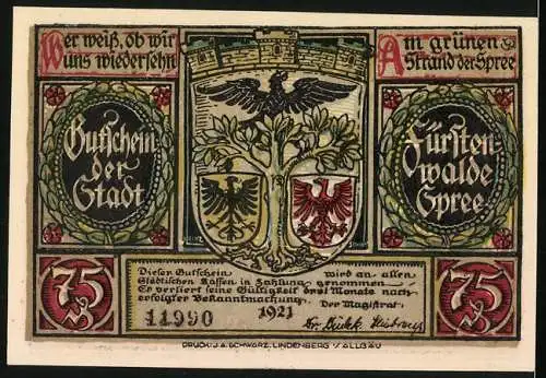Notgeld Fürstenwalde /Spree 1921, 75 Pfennig, Wappen, Bürger auf der Hut vor Nickel von Minckwitz