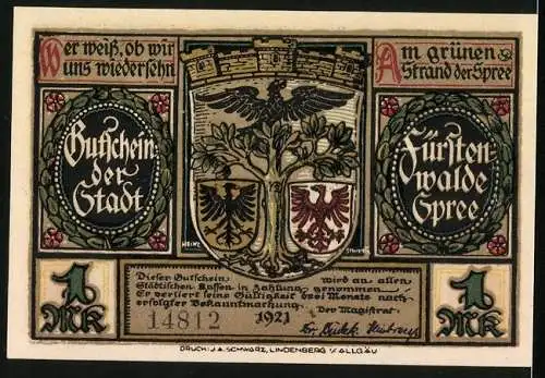 Notgeld Fürstenwalde /Spree 1921, 1 Mark, Wappen, Nickel von Minckwitz bricht in Fürstenwalde ein