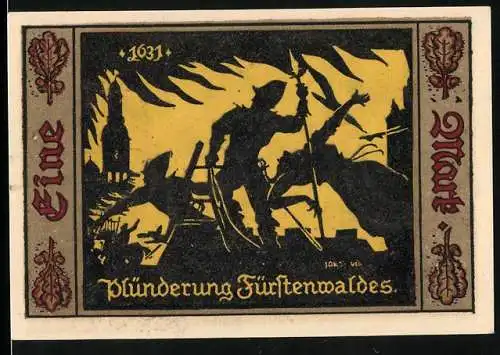 Notgeld Fürstenwalde /Spree 1921, 1 Mark, Wappen, Plünderung der Stadt
