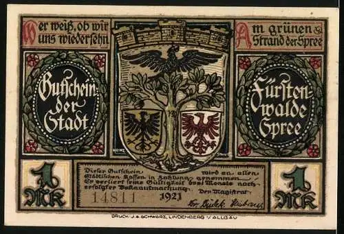 Notgeld Fürstenwalde /Spree 1921, 1 Mark, Wappen, Plünderung der Stadt