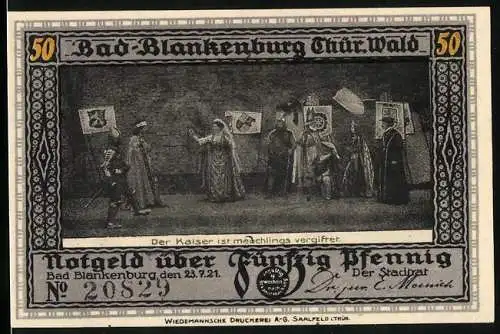 Notgeld Bad Blankenburg /Th. 1921, 50 Pfennig, Burg Greifenstein und Ritter, Der Kaiser ist vergiftet