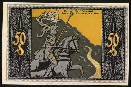 Notgeld Bad Blankenburg /Th. 1921, 50 Pfennig, Burg Greifenstein und Ritter, Der Kaiser ist vergiftet