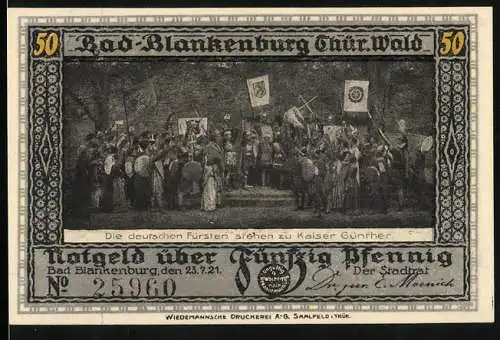 Notgeld Bad Blankenburg /Th. 1921, 50 Pfennig, Burg Greifenstein und Ritter, Die Fürsten stehen zu Kaiser Günther