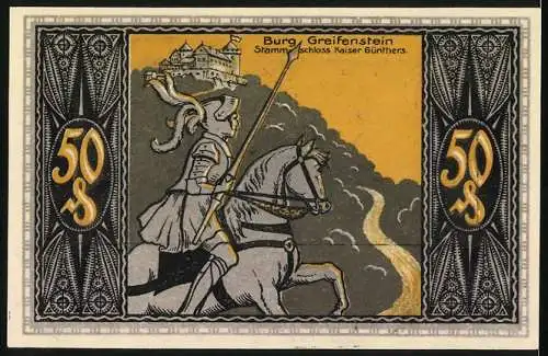 Notgeld Bad Blankenburg /Th. 1921, 50 Pfennig, Burg Greifenstein und Ritter, Die Fürsten stehen zu Kaiser Günther