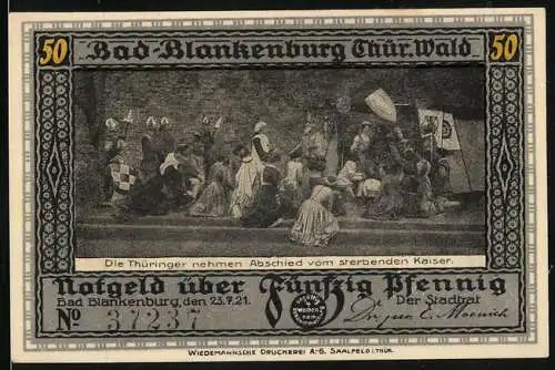 Notgeld Bad Blankenburg /Th. 1921, 50 Pfennig, Burg Greifenstein und Ritter, Abschiednahme vom sterbenden Kaiser