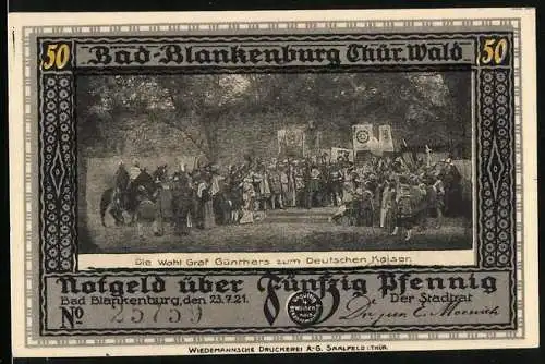 Notgeld Bad Blankenburg /Th. 1921, 50 Pfennig, Burg Greifenstein und Ritter, Wahl Graf Günthers zum deutschen Kaiser