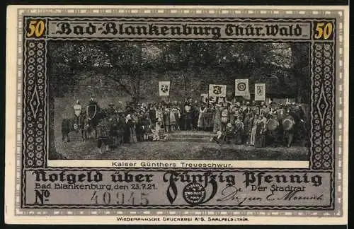 Notgeld Bad Blankenburg /Th. 1921, 50 Pfennig, Burg Greifenstein und Ritter, Kaiser Günthers Treueschwur