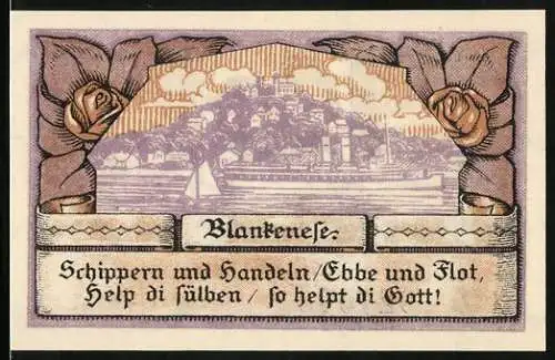 Notgeld Blankenese 1921, 20 Pfennig, Ortsansicht mit Dampfer, Rosen