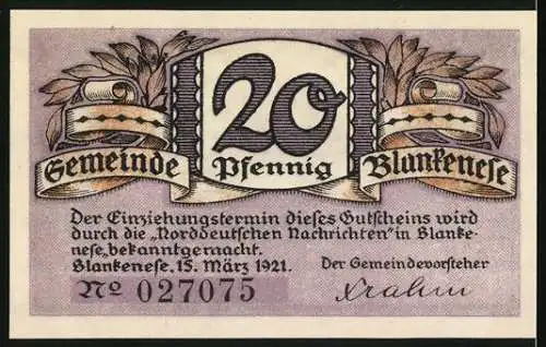 Notgeld Blankenese 1921, 20 Pfennig, Ortsansicht mit Dampfer, Rosen