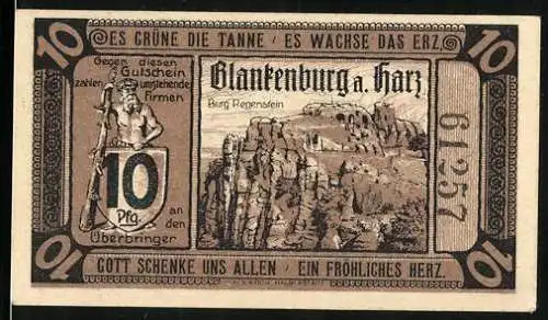 Notgeld Blankenburg a. Harz 1920, 10 Pfennig, Burg Regenstein, Ortspartie mit Hexe, Riese