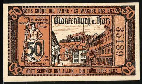 Notgeld Blankenburg a. Harz 1920, 50 Pfennig, Tränkestrasse, Ortspartie mit Hexe, Riese