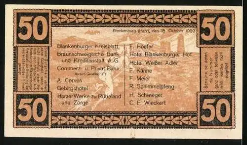 Notgeld Blankenburg a. Harz 1920, 50 Pfennig, Tränkestrasse, Ortspartie mit Hexe, Riese