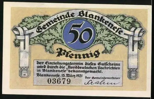 Notgeld Blankenese 1921, 50 Pfennig, Blankeneser Lotse auf einem Dampfer, Wappen-Banderole mit Eichenlaub