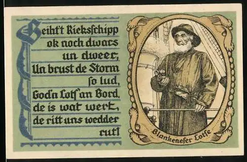 Notgeld Blankenese 1921, 50 Pfennig, Blankeneser Lotse auf einem Dampfer, Wappen-Banderole mit Eichenlaub