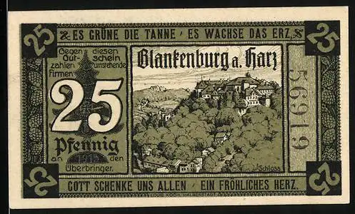 Notgeld Blankenburg a. Harz 1920, 25 Pfennig, Burg und Ort, Ortspartie mit Hexe
