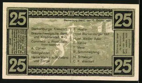 Notgeld Blankenburg a. Harz 1920, 25 Pfennig, Burg und Ort, Ortspartie mit Hexe