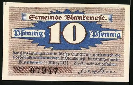 Notgeld Blankenese 1921, 10 Pfennig, Segelschiff im Wasser
