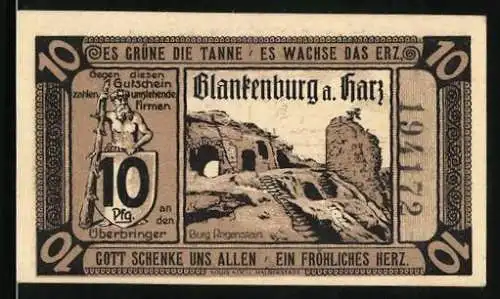 Notgeld Blankenburg a. Harz 1920, 10 Pfennig, Burg Regenstein, Ortspartie mit Hexe, Riese