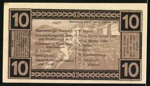 Notgeld Blankenburg a. Harz 1920, 10 Pfennig, Burg Regenstein, Ortspartie mit Hexe, Riese