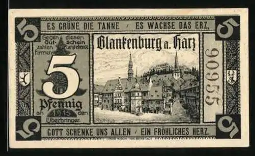 Notgeld Blankenburg a. Harz 1920, 5 Pfennig, Ortsansicht, Ortspartie mit Hexe, Wappen