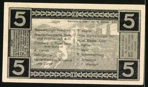 Notgeld Blankenburg a. Harz 1920, 5 Pfennig, Ortsansicht, Ortspartie mit Hexe, Wappen