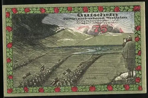 Notgeld Bochum 1920, 75 Pfennig, Provinzialverband Westfalen, Schlachtenaufzug mit Rabe, Armamputierter Veteran, Witwe