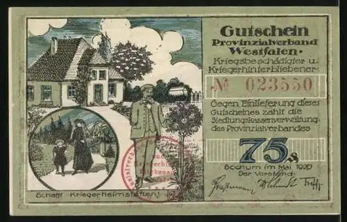 Notgeld Bochum 1920, 75 Pfennig, Provinzialverband Westfalen, Schlachtenaufzug mit Rabe, Armamputierter Veteran, Witwe