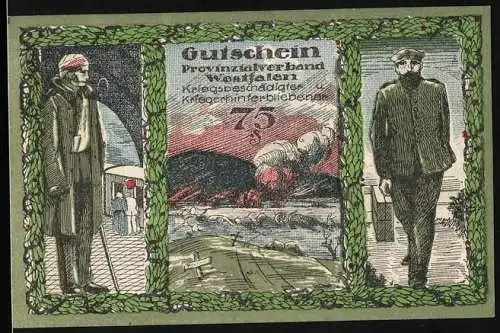 Notgeld Bochum 1920, 75 Pfennig, Provinzialverband Westfalen, Schlachtfeld, Armamputierter Veteran, Witwe mit Kind