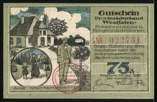 Notgeld Bochum 1920, 75 Pfennig, Provinzialverband Westfalen, Schlachtfeld, Armamputierter Veteran, Witwe mit Kind