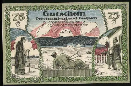 Notgeld Bochum 1920, 75 Pfennig, Provinzialverband Westfalen, Versehrter Soldat, Armamputierter Veteran, Witwe mit Kind