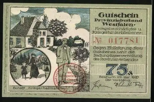 Notgeld Bochum 1920, 75 Pfennig, Provinzialverband Westfalen, Versehrter Soldat, Armamputierter Veteran, Witwe mit Kind
