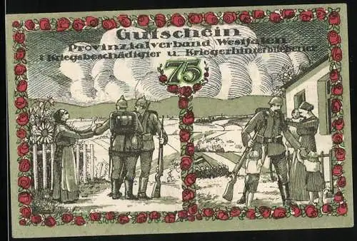 Notgeld Bochum 1920, 75 Pfennig, Provinzialverband Westfalen, Heimkehrende Soldaten, Versehrter Veteran, Witwe mit Kind