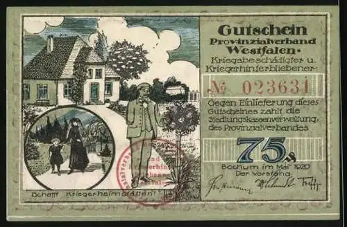 Notgeld Bochum 1920, 75 Pfennig, Provinzialverband Westfalen, Heimkehrende Soldaten, Versehrter Veteran, Witwe mit Kind